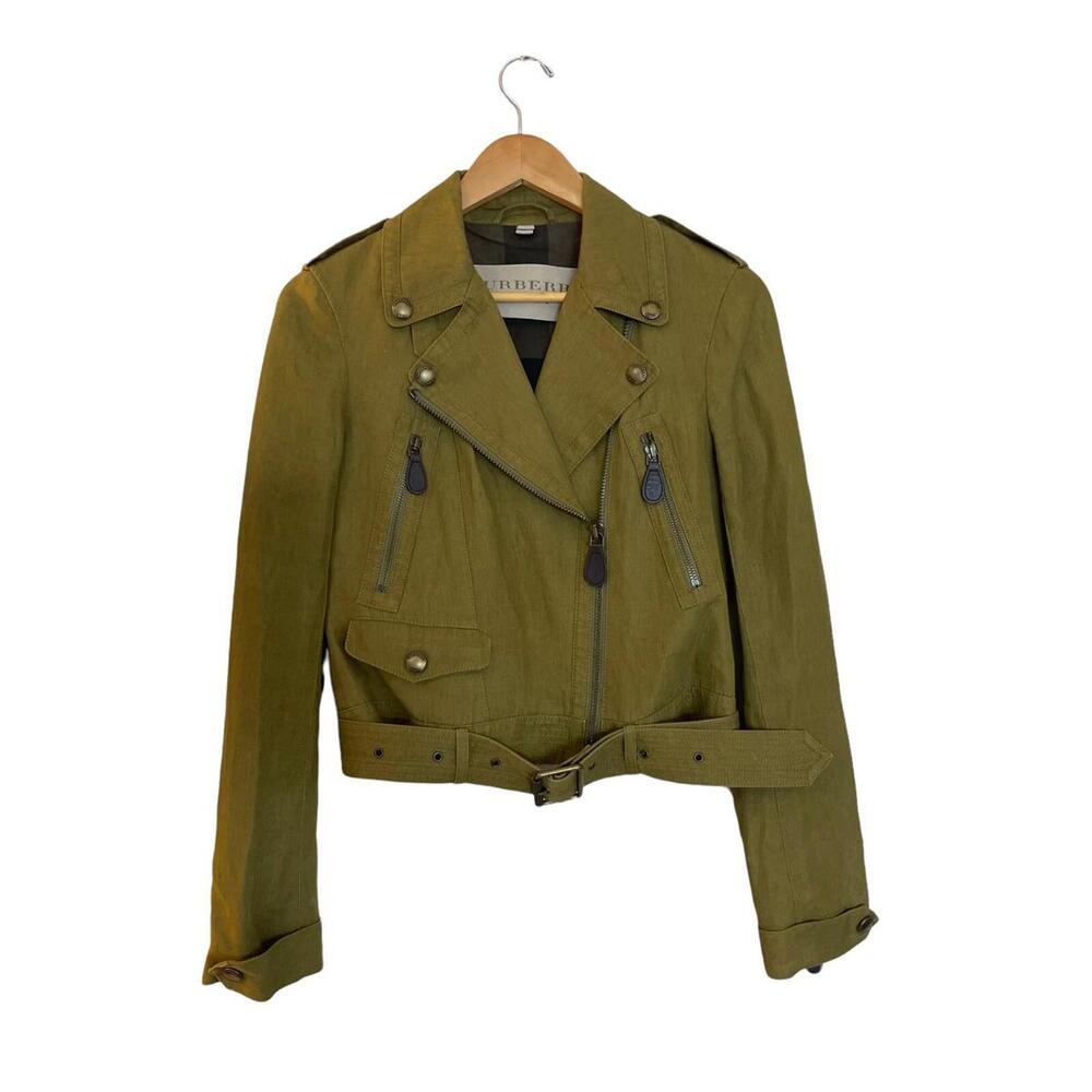 Burberry Brit Olive Green Linen Moto Biker Leather Jacket Size US6 MSRP $1250 - Picture 3 of 15